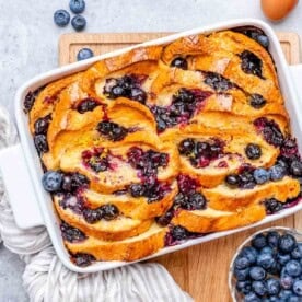 French toast baked in a casserole with blueberries.
