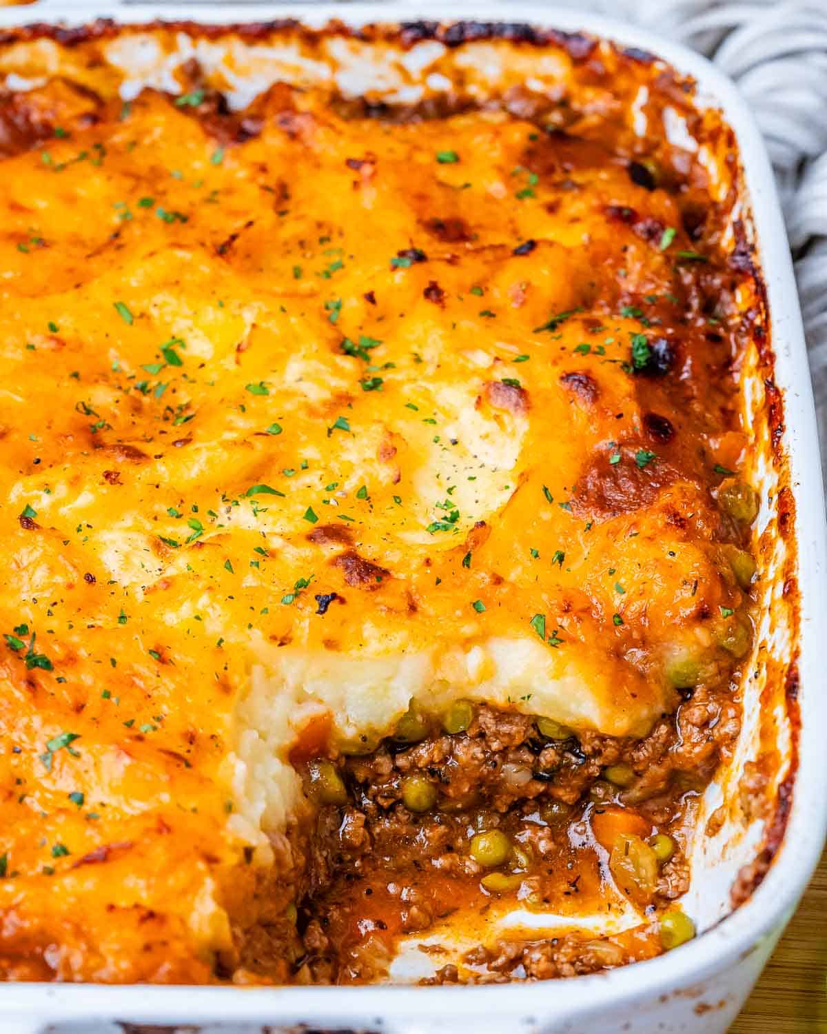 Baked casserole in a white dish.