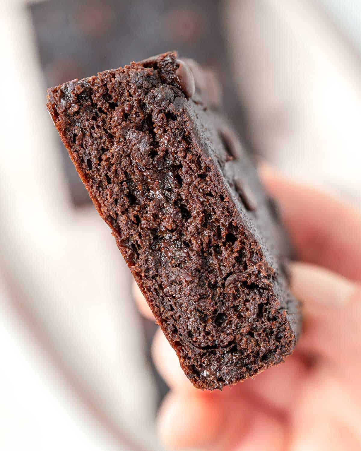 hand holding a piece of brownie.