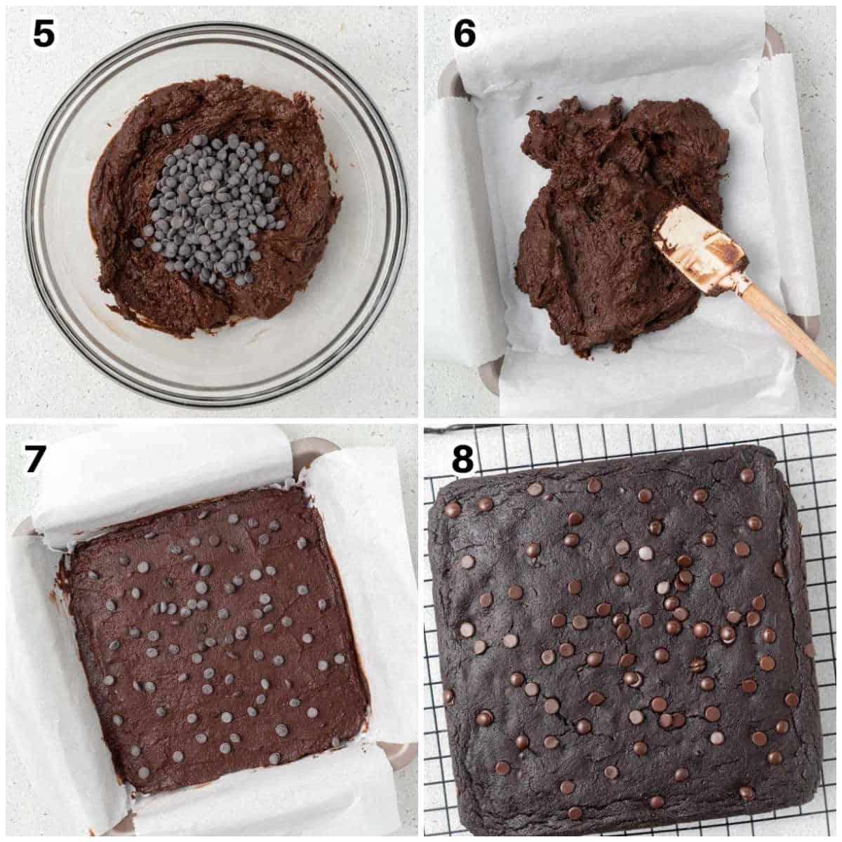 process shots to make the brownie batter, top with chocolate chips, and bake in a pan.