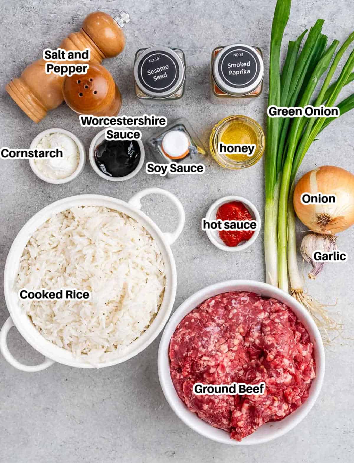 ingredients to make ground beef and rice.