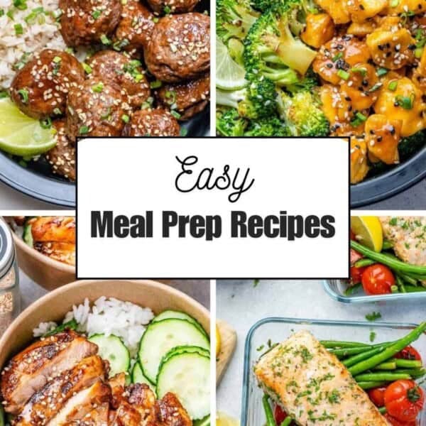 collage of 4 meal prep recipes dishes.