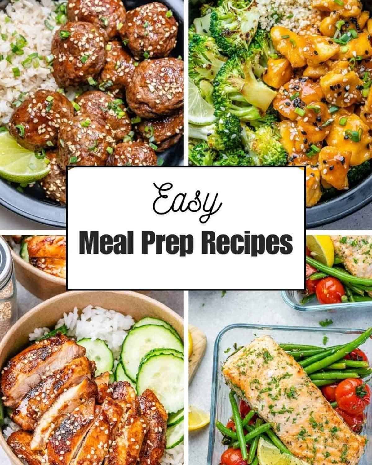collage with 4 images of meal prep dishes.