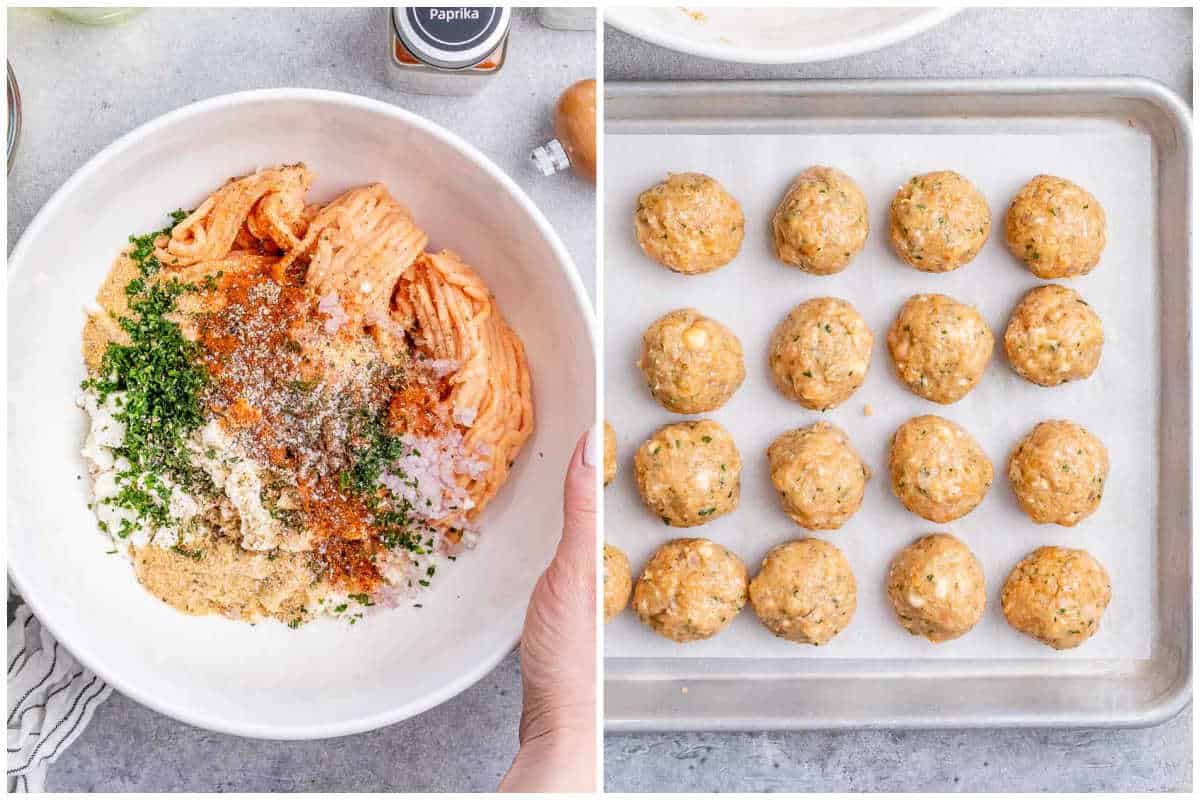 process shot to make the ground turkey meatballs and place them on a sheet pan.