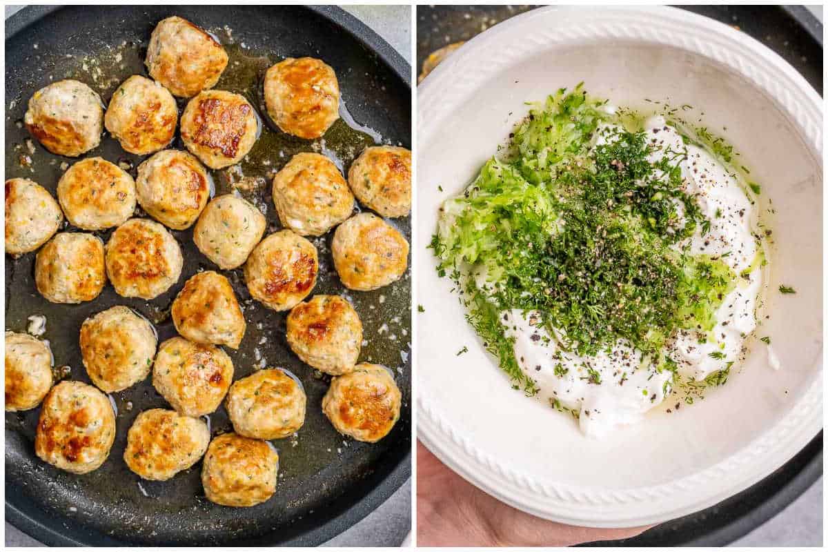 process shot of cooking the meatballs in a pan and making the tzatziki sauce.