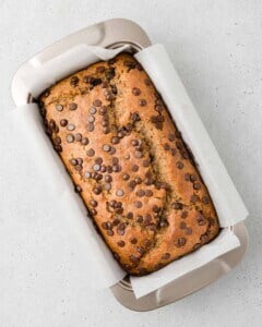 Baked banana bread in the pan.