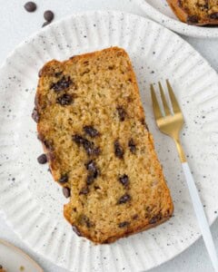 a slice of banana bread on a plate.
