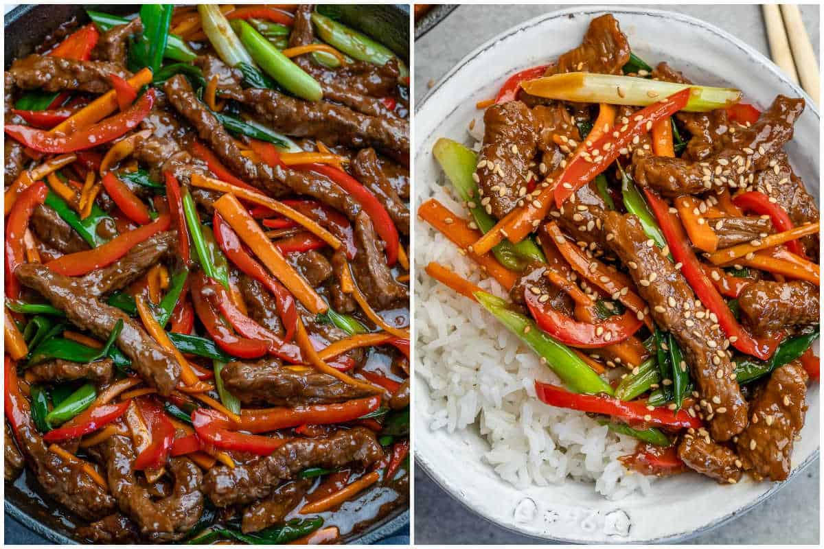 process shot to adding veggies with the beef and serving over rice in a bowl.
