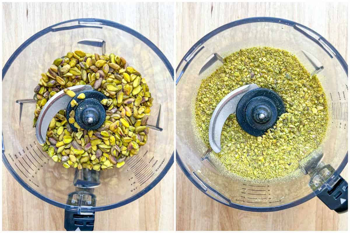 process shot of adding the toasted pistachios in a blender and blitzing it.