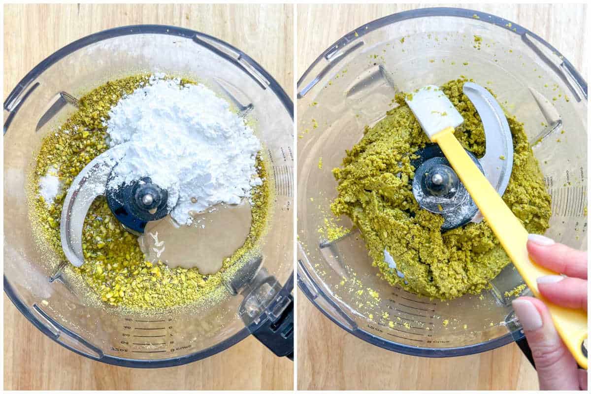 process shot to adding the confectioners sugar in the blended pistachio and mixing again.