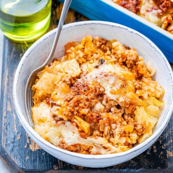 a bowl with cabbage roll casserole with rice and ground beef.