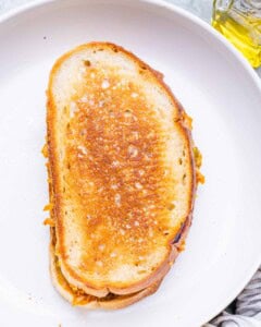 A toasted sandwich on a white plate.