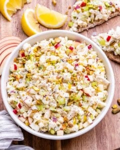 A bowl filled with cottage cheese chicken salad.