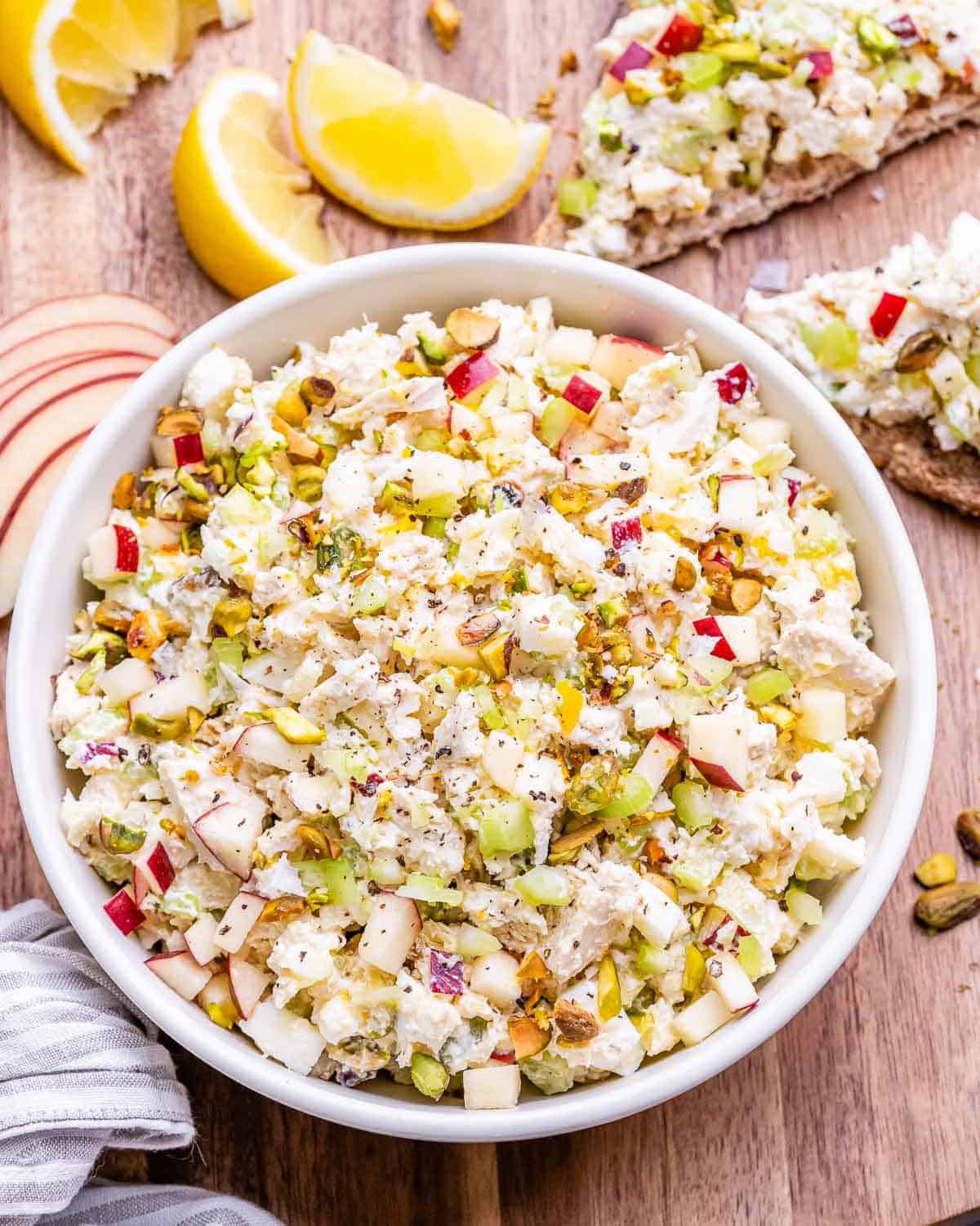 A bowl filled with cottage cheese chicken salad.