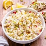 A bowl filled with cottage cheese chicken salad.