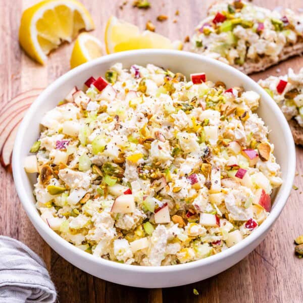 A bowl filled with cottage cheese chicken salad.