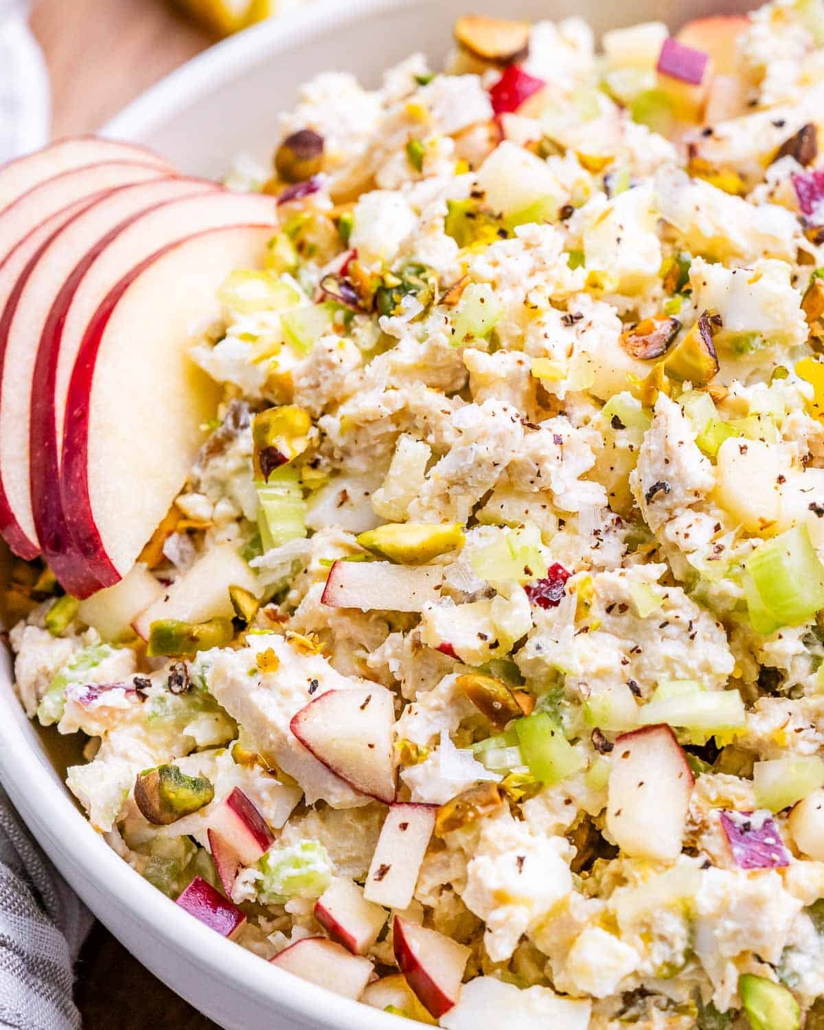 A bowl filled with cottage cheese chicken salad.