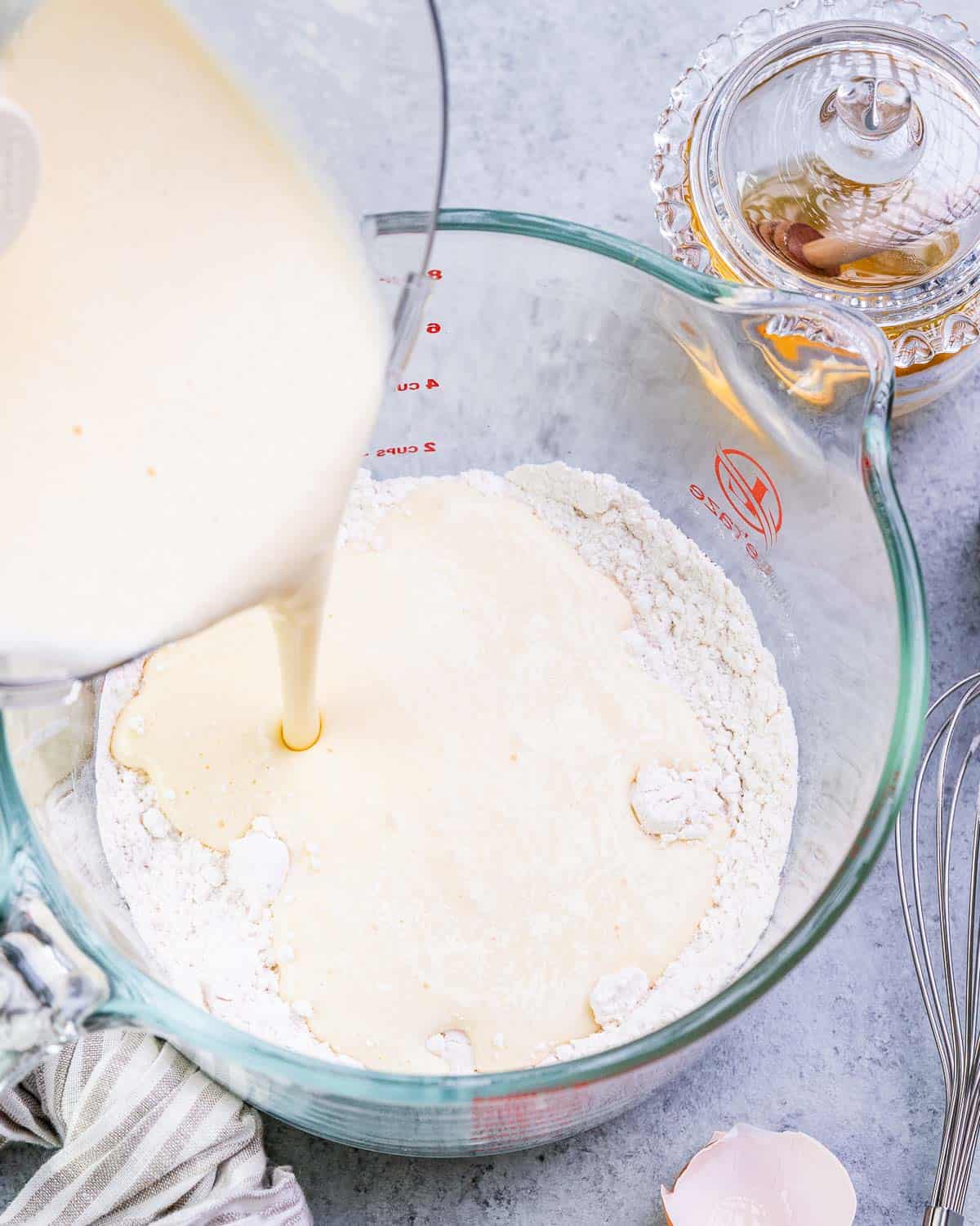 Waffle batter added to flour mixture.