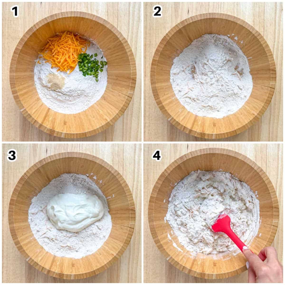 process shot of adding flour and yogurt in a bowl and mixing to form dough.