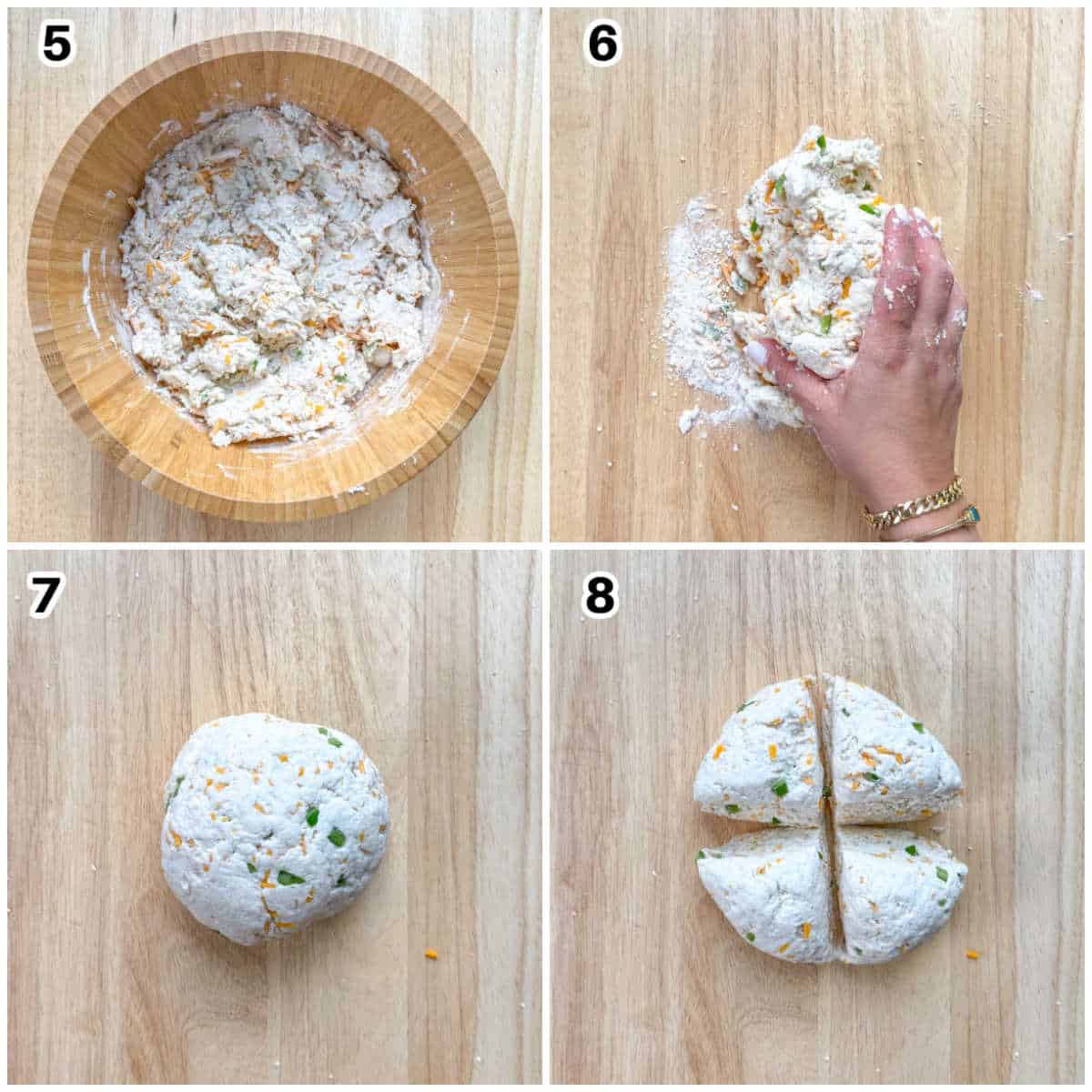 process of kneading the dough and dividing it into 4 sections. 
