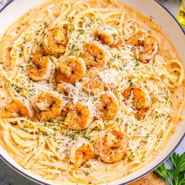 A pan with creamy pasta topped with cooked shrimp and sprinkled with cheese.