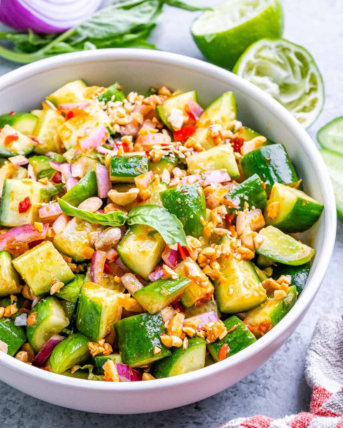 A white bowl with Thai Cucumber Salad