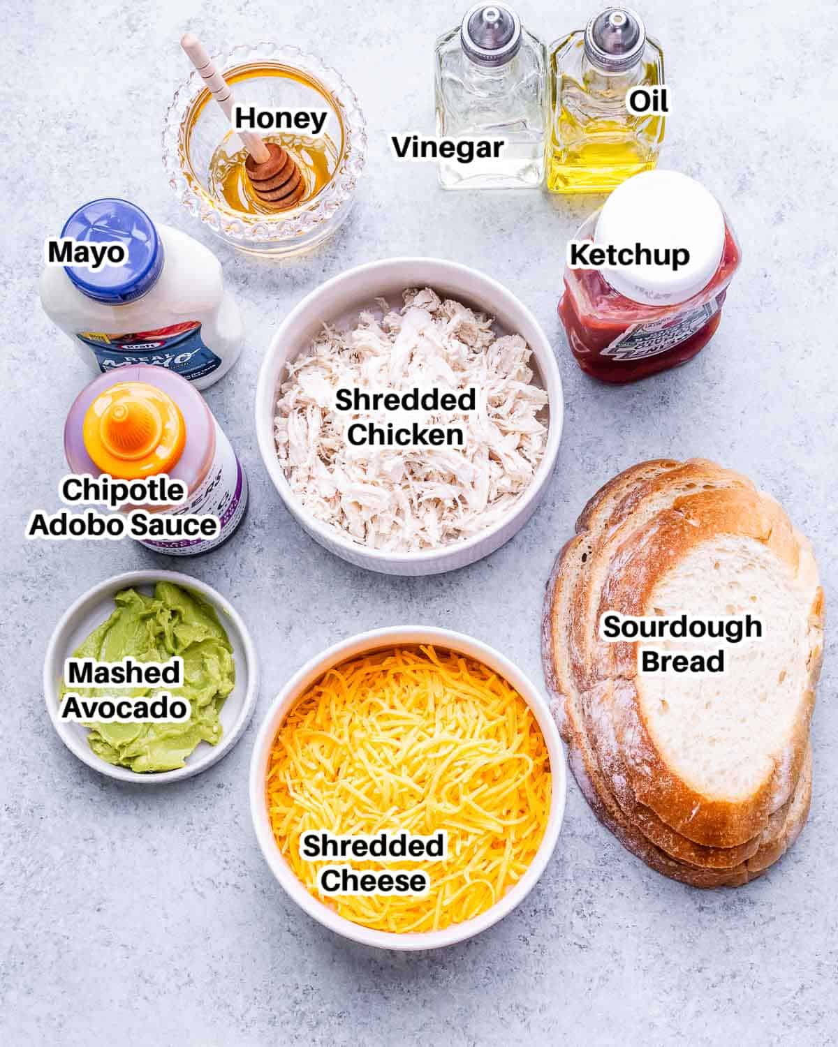 Ingredients to make chipotle chicken avocado melt.