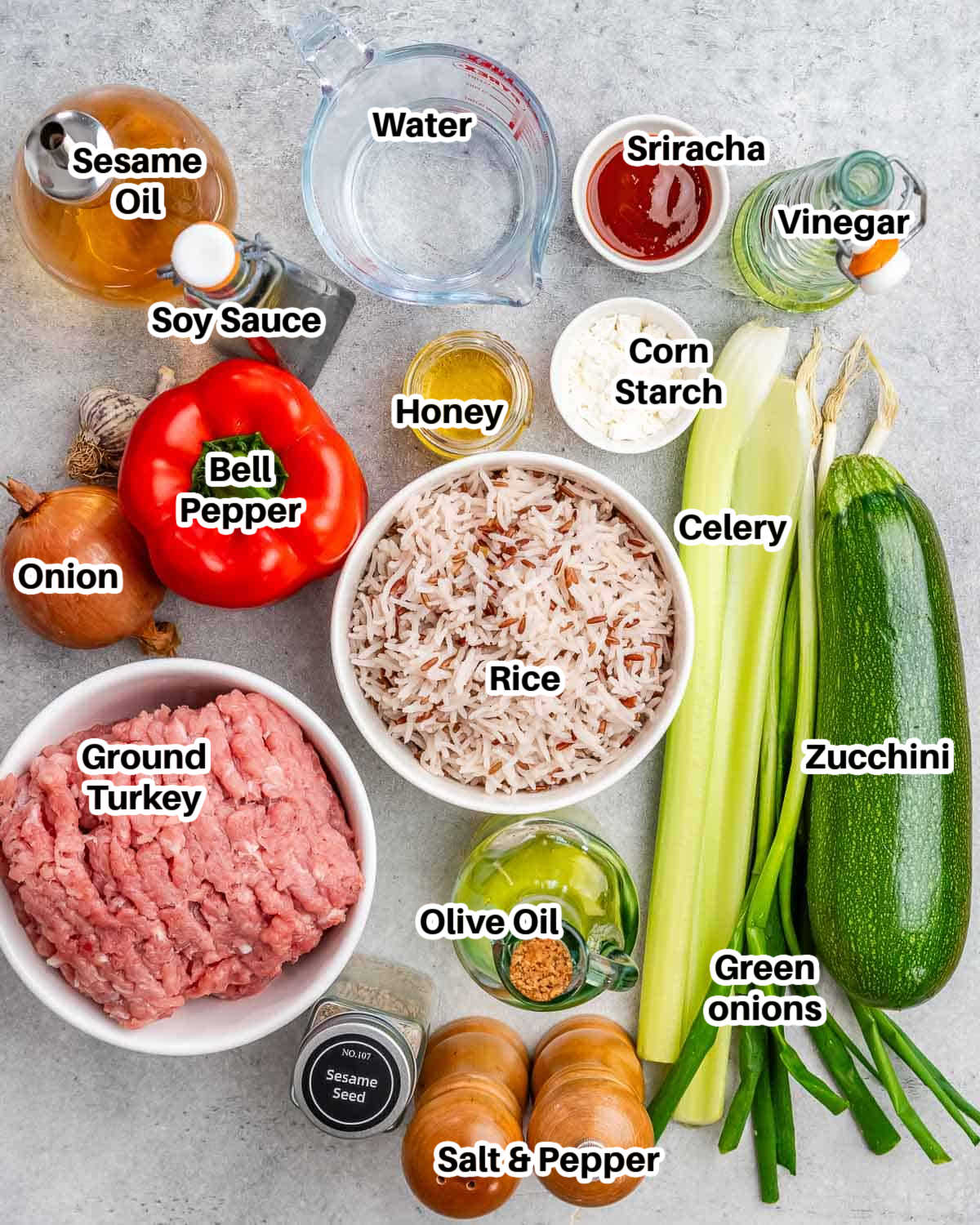 Ingredients for ground turkey stir fry.