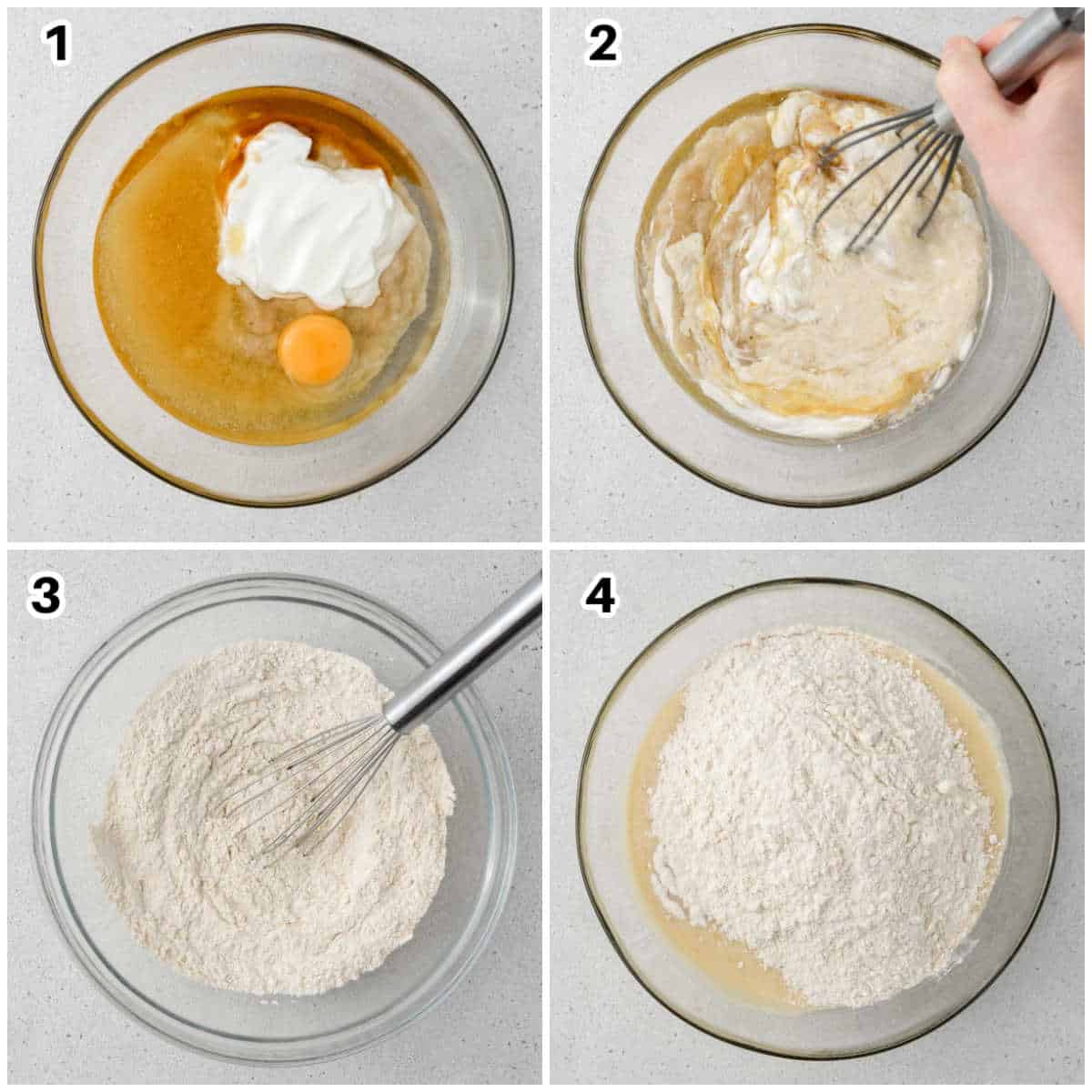 collage image showing making the batter for banana bread. 