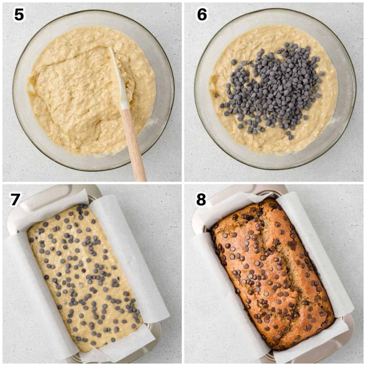 collage showing adding banana bread batter to a pan and baking. 