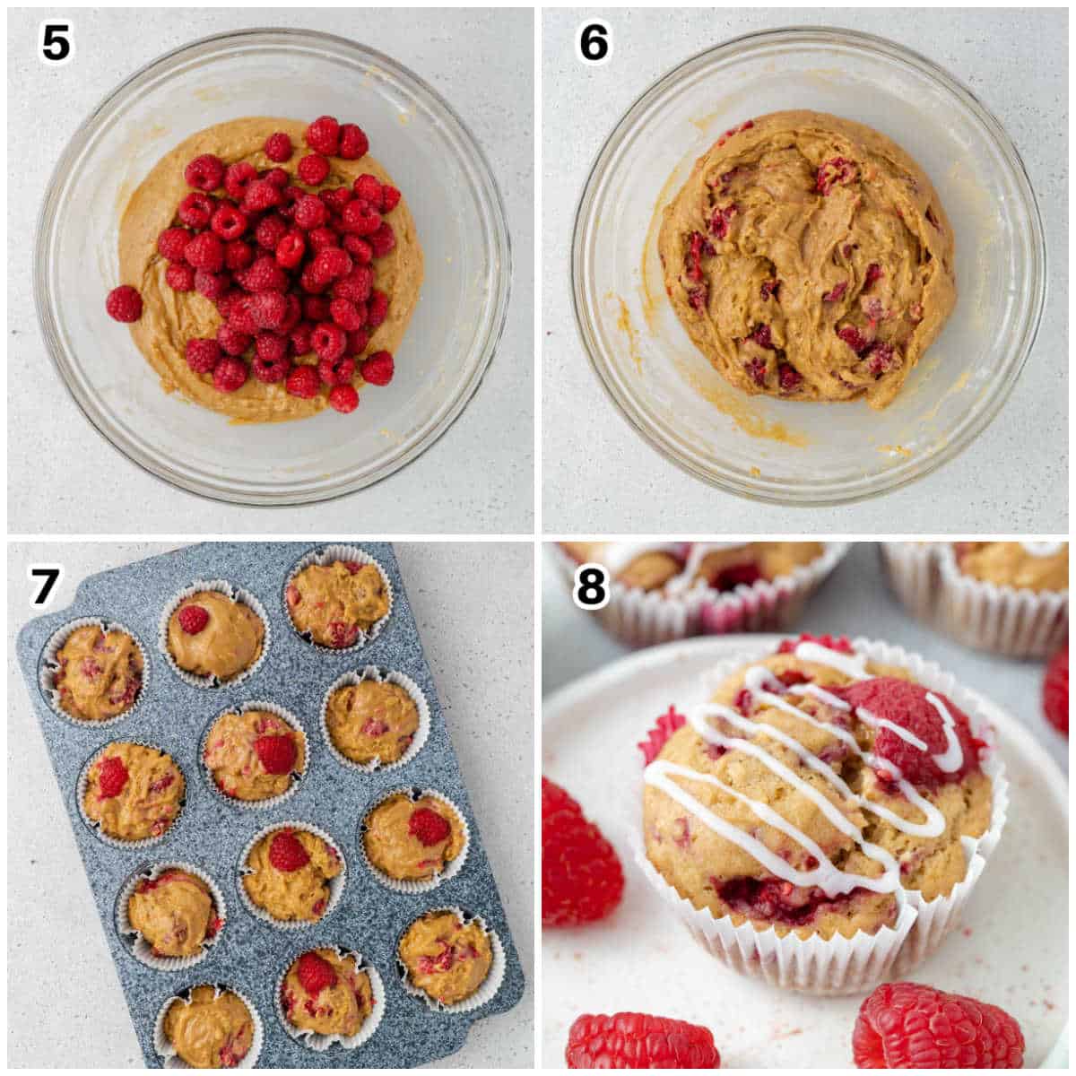 process to make the muffin batter, adding raspberries, and baking the muffins. 