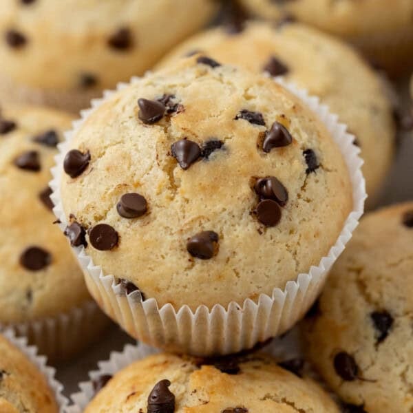 Overhead view of two chocolate chip muffins in white liners, stacked slightly to show texture.