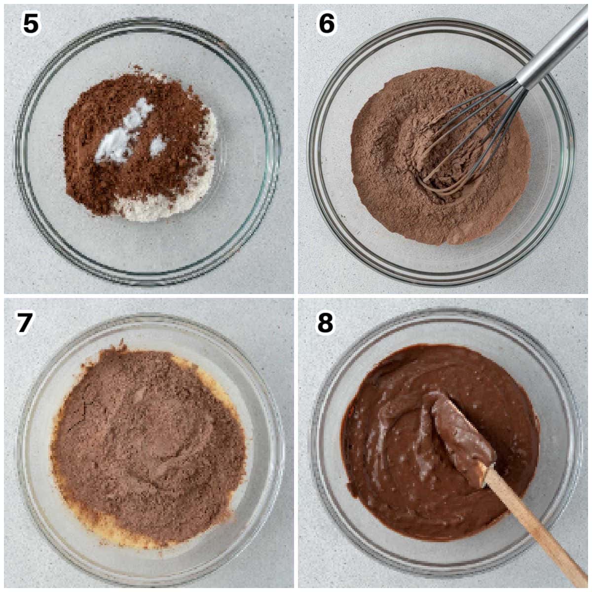 process shot to make the chocolate flour ingredients and adding it to the bowl with the egg mixture. 