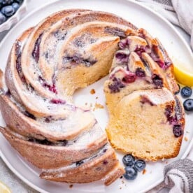 bundt cake with blueberries on a plate