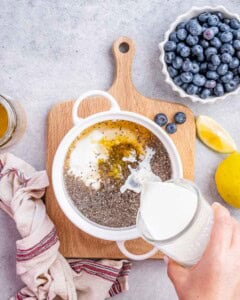 Overhead shot of chia seeds, yogurt, lemon juice, and other ingredients being combined in a mixing bowl.