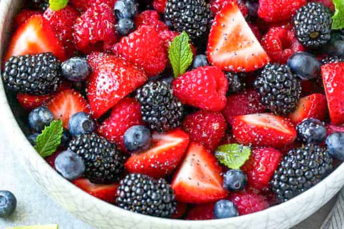 a bowl of mixed berry fruit salad.