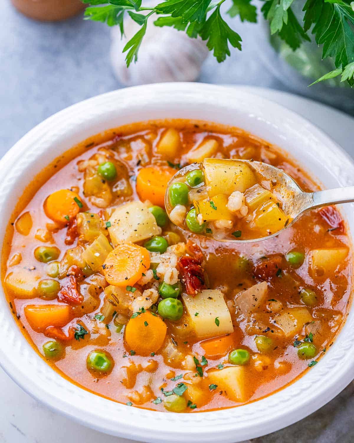 Close up of a white bowl of soup highlighting peas, carrots, potatoes, and barley in a rich tomato broth.