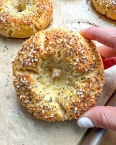 hand holding up a single bagel