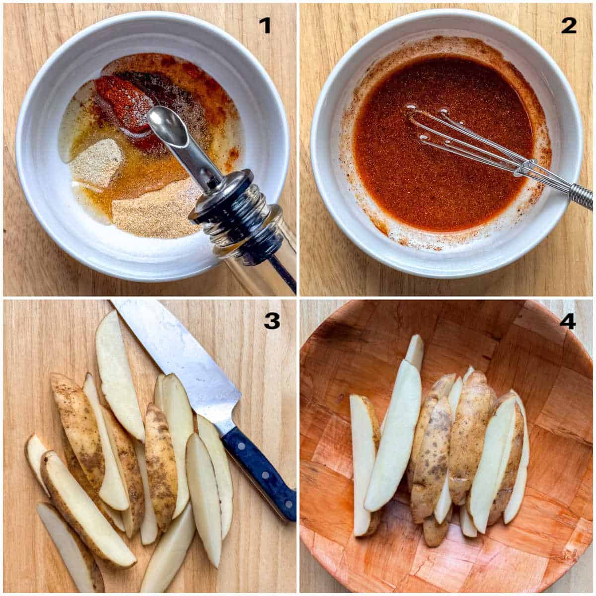 process shot to make the seasoning for the potato wedges and the cutting the potatoes into wedges.