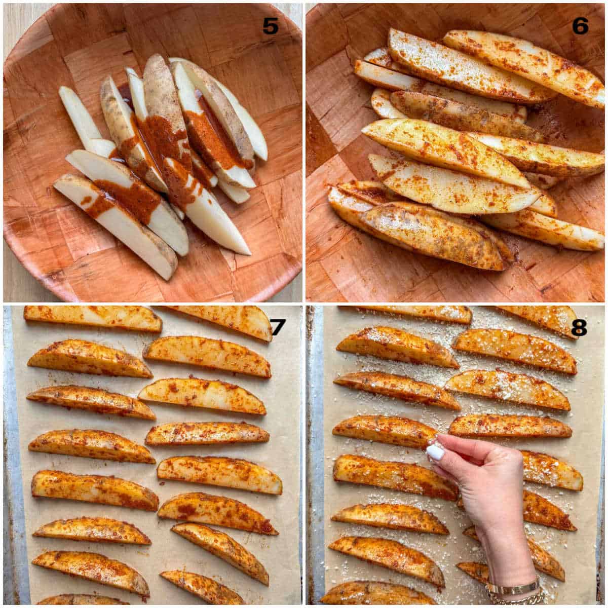 process shot of adding the seasonings to the potato wedges and then setting up on a sheet pan.