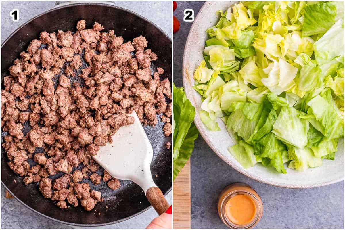 Process shot to cook the ground beef for mac salad.