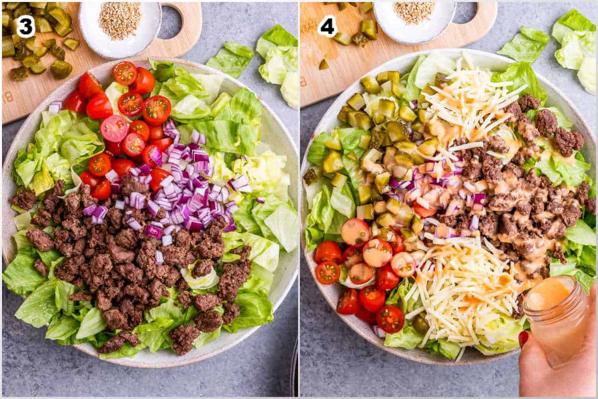 process to assemble the big max salad and adding the sauce over it.