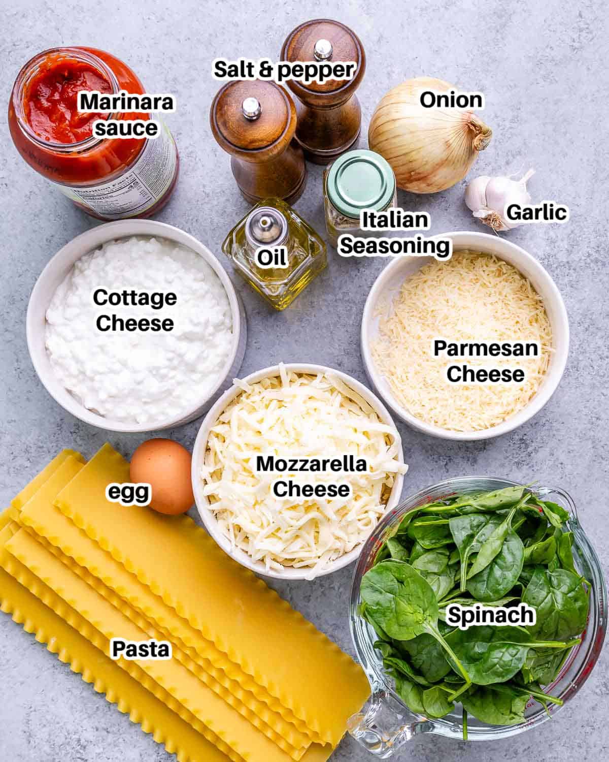 Ingredients to make cottage cheese lasagna. 