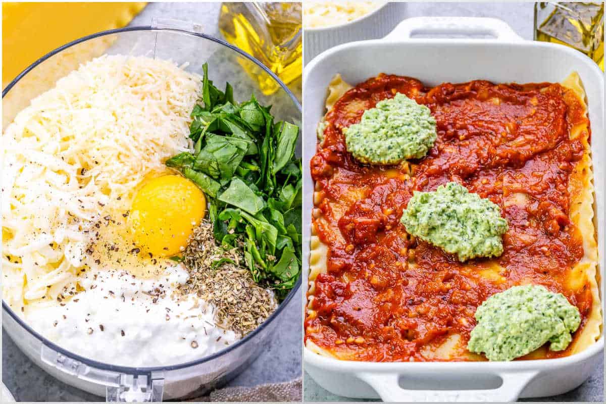 process of making the cottage cheese filling and adding it to the layer of lasagna over the sauce.