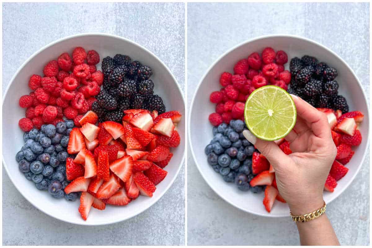 mixed berries in a plate and then adding lime.