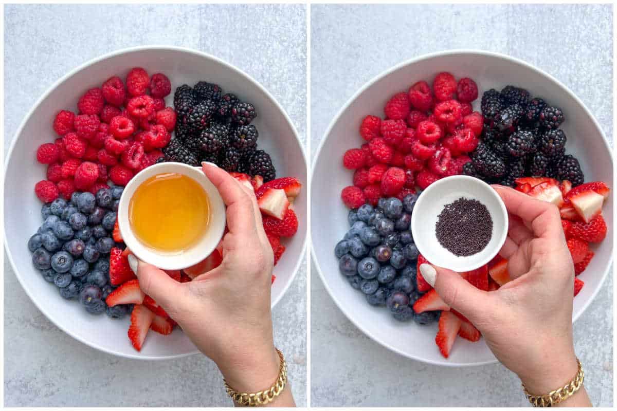 process shot of adding honey and poppy seed to the berry salad.