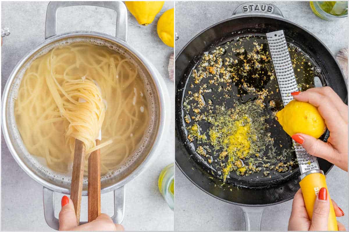 process shot of cooking pasta and zesting a lemon in a pan.
