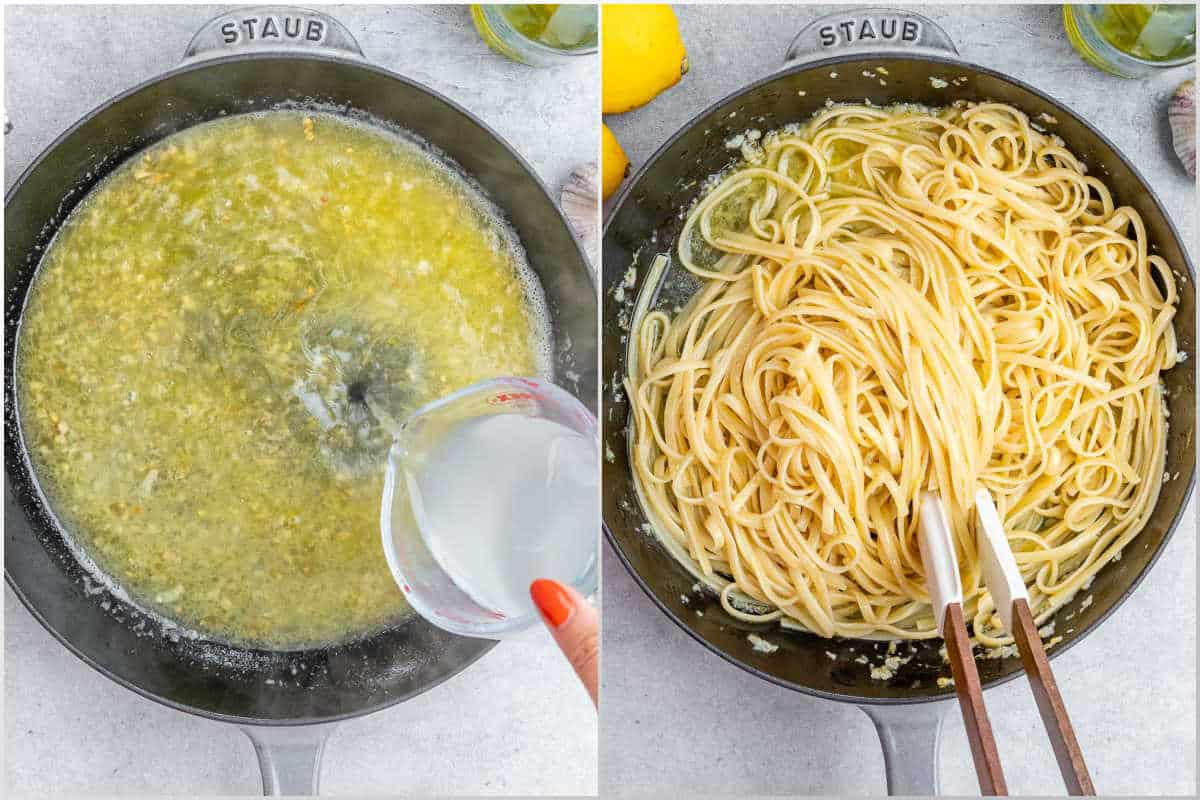 Adding pasta water over the lemon sauce.