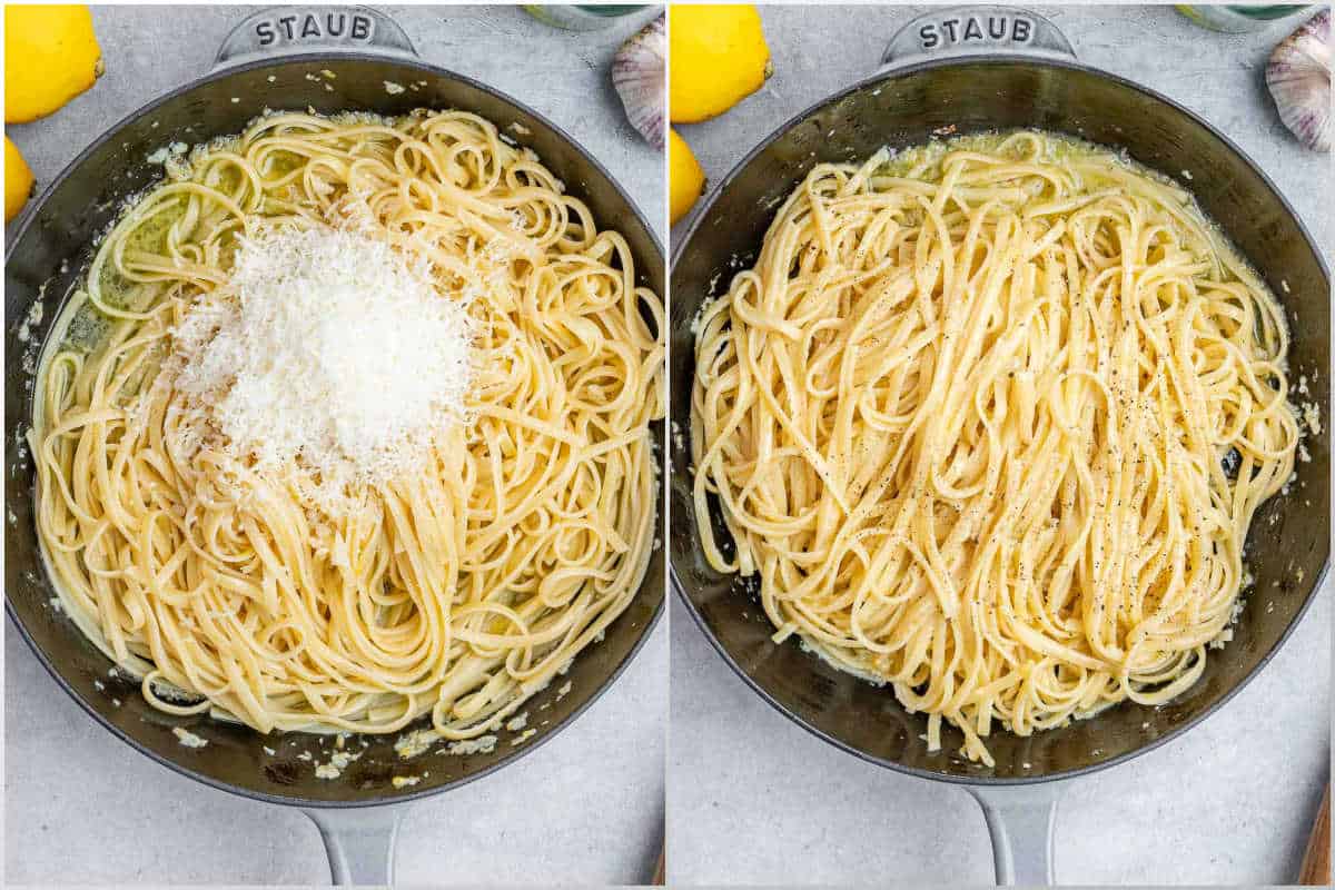 Adding the parmesan cheese to the pasta and cooking it off.