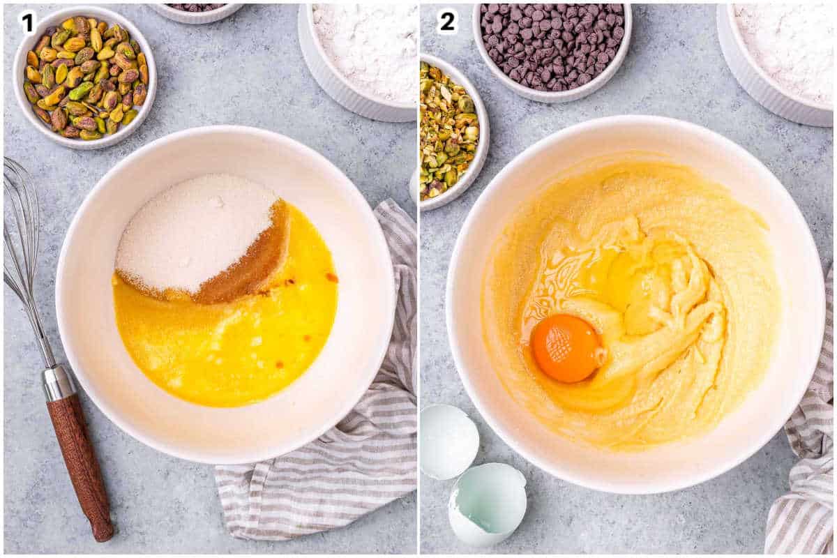 process shots to make the cookie batter with eggs and sugar.